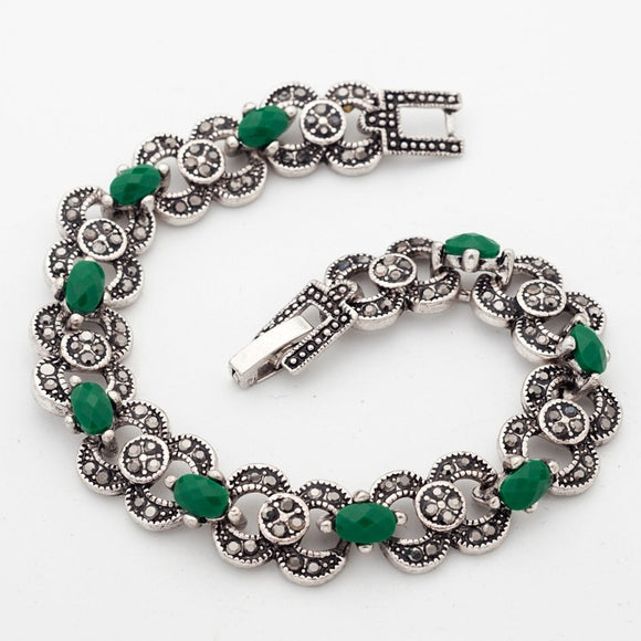 Ethnic Bohemian Green Stones Bracelet Silver Woman Jewelry