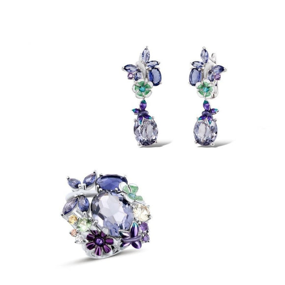 Luxury Flower Amethyst Jewelry Set Ring Earrings Women Jewelry