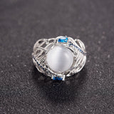 Vintage Opal Cat Eye Ring Hollow Silver Feather Big Stone Women Fashion Jewelry