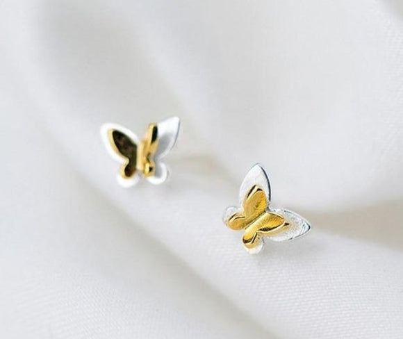 Genuine 925 Sterling Silver Yellow Gold Butterfly Stud Earrings Women's Fine Jewelry