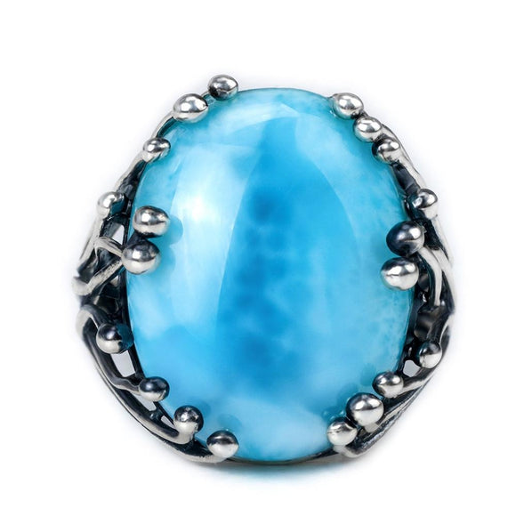 Vintage Natural larimar ring blue gemstone 925 silver Women's fine jewelry