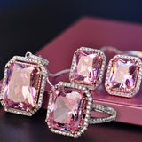 Large Pink Stone 925 Sterling Sliver Bride Woman's Rings Earrings Necklace Jewelry Set