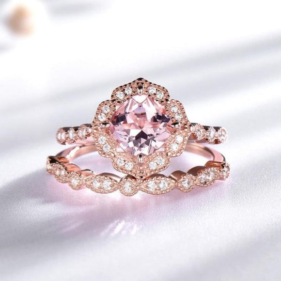 Morganite Engagement Ring Set 10K Rose Gold Women Wedding Jewelry
