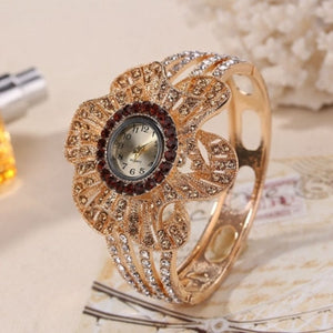 Princess Gemstone Wrist Watch 14K Yellow Gold Flower Jewelry Bracelet Watche Quartz Clock