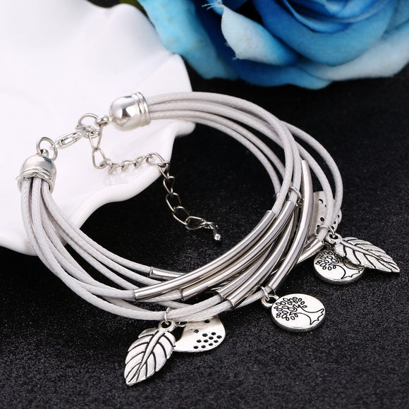Bangles Multilayer Bracelet Leaves Pendant Silver Wedding Jewelry