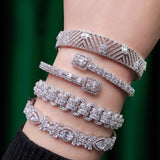 Luxury Stackable Bangle Silver Bracelet Cuff For Women Wedding Full Cubic Zircon Crystal Jewelry